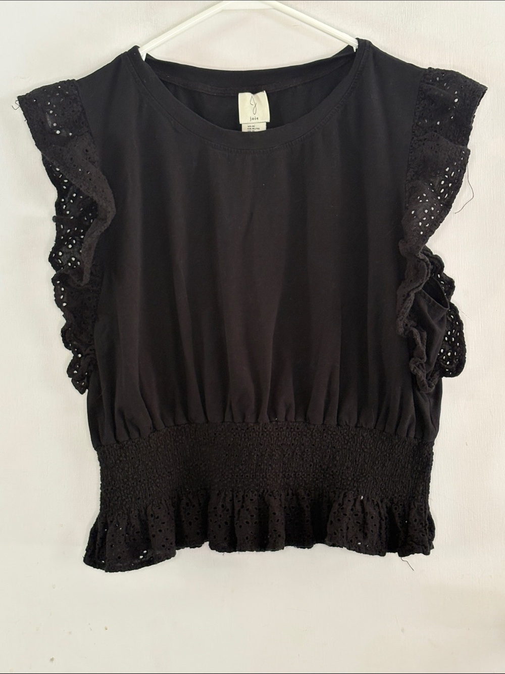Joie black sleeveless knit top eyelet ruffles Size XL